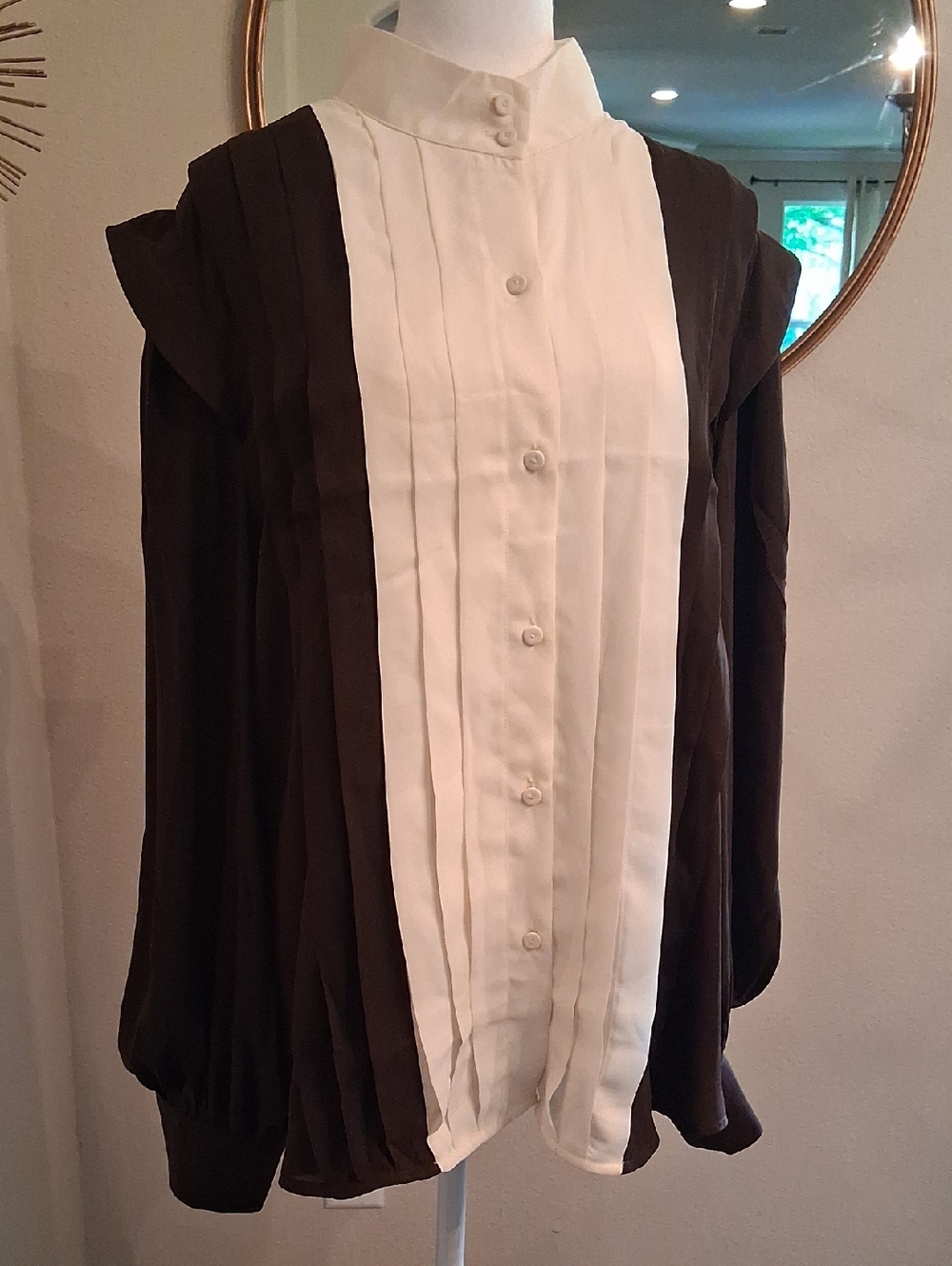 Tuckernuck Pleated Brown And Cream Two Tone Blouse